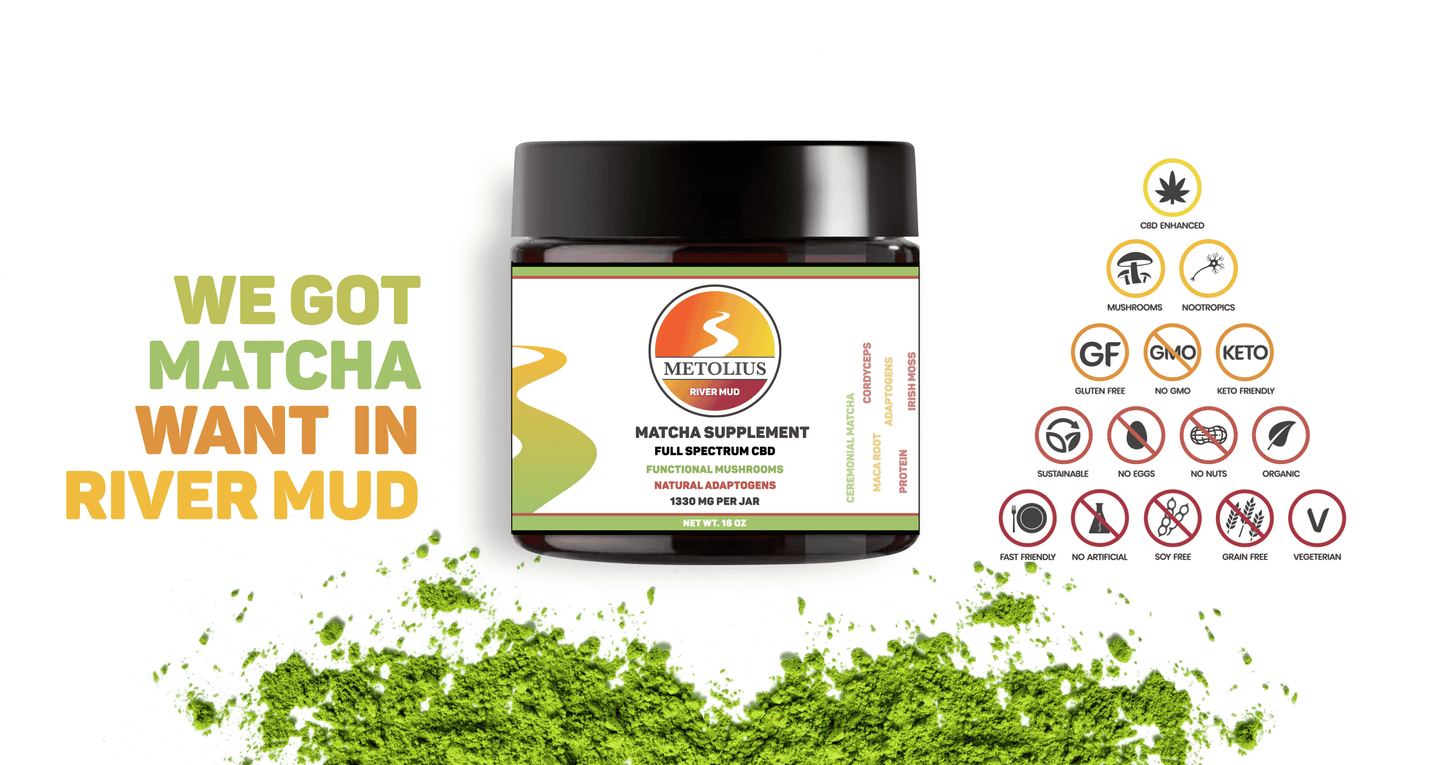 RIVER MUD MATCHA - CBD EXTRACT + MEDICINAL MUSHROOMS + NATURAL ADAPTOGENS + MATCHA